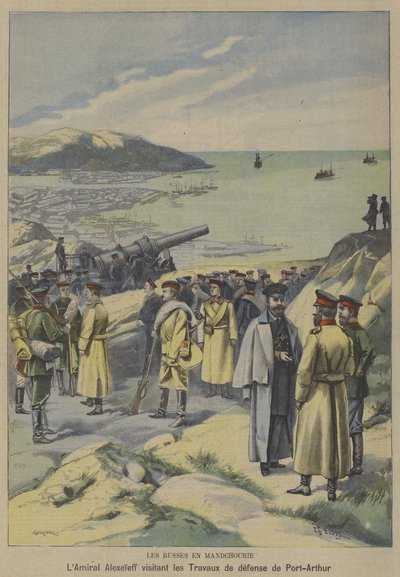 Russian Admiral Yevgeni Alekseyev visiting defences under construction at Port Arthur, Manchuria, on the eve of the Russo-Japanese War by French School