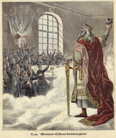 Saint Charlemagne raising a chalice to seated diners by French School