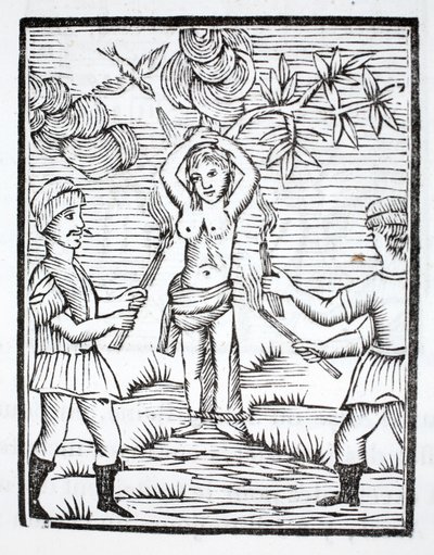 Saint Reine is Fastened to Two Poles in the Shape of a Cross, and Set Aflame by Torches by French School