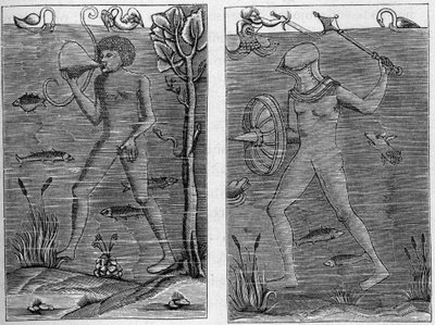 Sea soldier: the diver and the man of arms. Engravings from wood figures of the 16th century. In La Marine et les colonies: commerce by French School