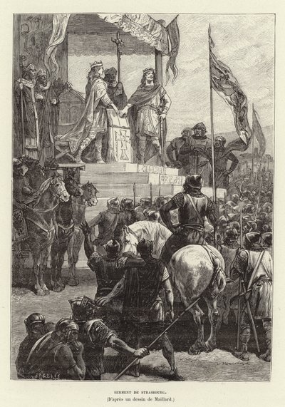 Oaths of Strasbourg, the alliance between Louis the German and Charles the Bald, Kings of East and West Francia, 842 by French School