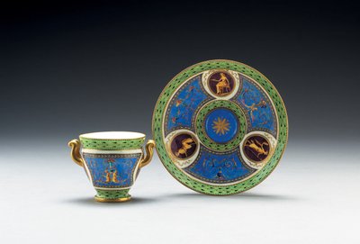 Sevres bleu celeste and pale-green ground two-handled cup and saucer, 1790 by French School