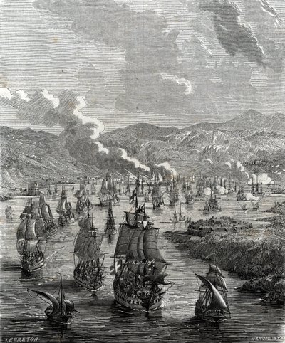 Siege of Toulon took place between 29 July to 21 August 1707 during the War of the Spanish Succession when an Allied land and sea force besieged the French naval base at Toulon (engraving) by French School