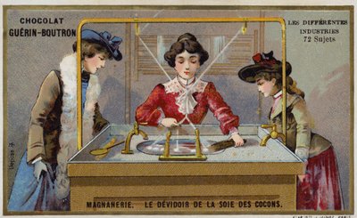 Silk manufacturing. Spinning the fibres onto a reel by French School