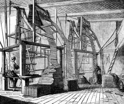 Silkworkers in a workshop in Lyon using a Jacquard loom by French School