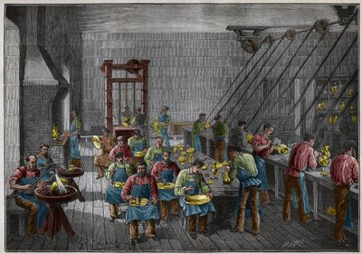 Silverware workshop in France in the 19th century. Engraving from 1885 in 