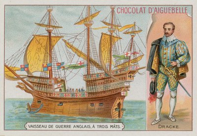 Sir Francis Drake and a three-masted English warship by French School