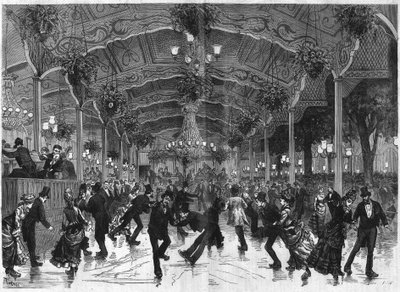 Skating rink in Bullier. Track to dance in roller skates at Bal Bullier in Paris. Engraving in "The Illustrous Universe" by French School