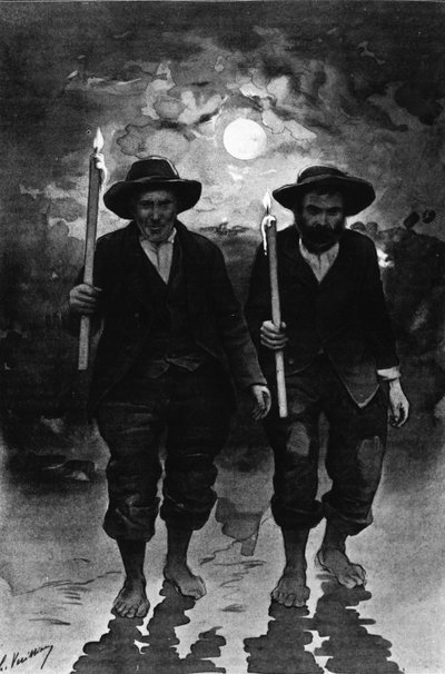 Source and Sick: Two Men, One Night Full Moon, Each Holding a Candle and Walking Barefoot (Procession?) - in 