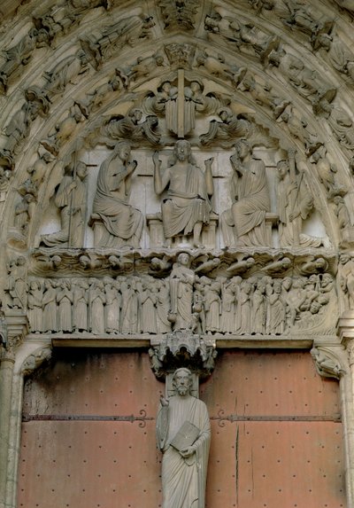 South Portal Tympanum Depicting Christ Enthroned with a Beau Christ Figure on the Trumeau Below by French School