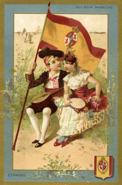 Spanish boy and girl, from a series of illustrations of children from different countries, produced as promotional cards for the Bon Marché Department Store in Paris, c.1890 by French School