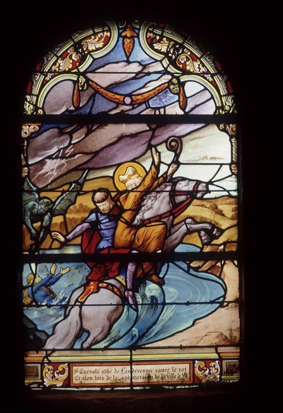St Guénolé, Abbot of Landévennec, saves King Gralon during the flooding of the town of Ys - stained glass windows of St Germain church in Kerlaz by French School