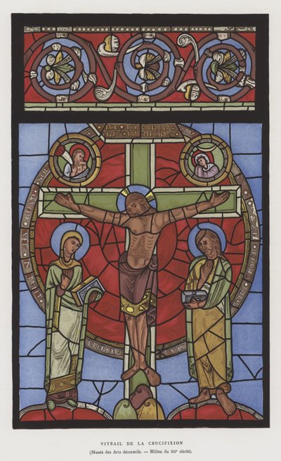 Stained glass depiction of the Crucifixion, mid 12th Century by French School