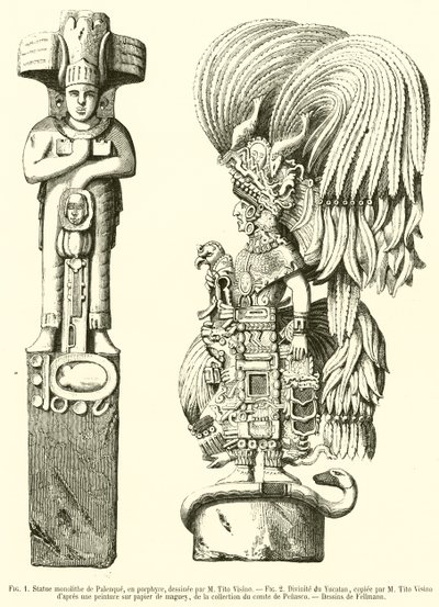 Monolithic Statue of Palenque, in Porphyry; Deity of Yucatan (engraving) by French School