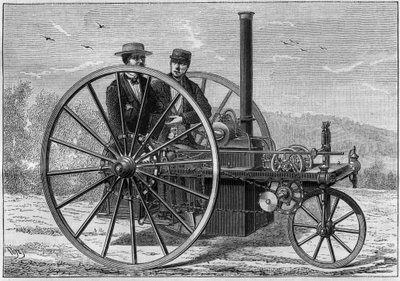 Steam car, Charles Palmers system, powered by a coke boiler, up to a speed of 10 to 12 kilometres per hour. Engraving in 