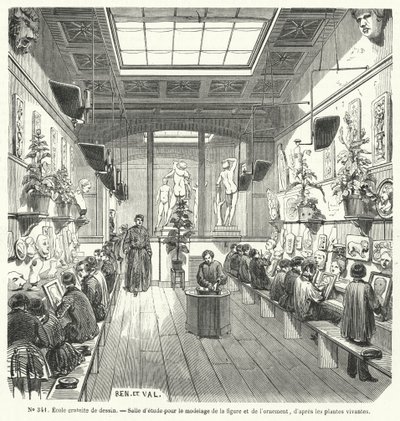 Students in a class in a free school of drawing, France by French School