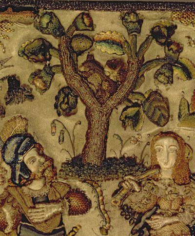 Stumpwork depicting a couple under a tree, detail from the lid of a casket by French School