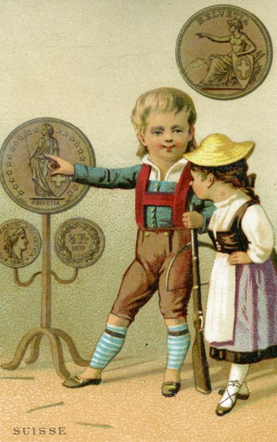 Swiss boy and girl admiring a display of Swiss francs, from a series of promotional cards on currencies in different countries, published in Paris by Baster & Vieillemard for use by the chocolate producer, Chocolat Ibled by French School