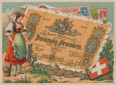 Swiss girl in traditional costume and 20 Franc banknote by French School