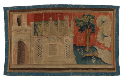 Tapestry fragment depicting Gothic Church in Landscape, from the Apocalypse of Angers by French School