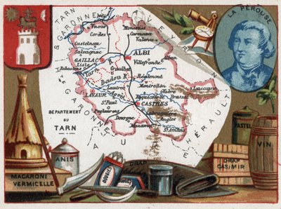 Tarn (81), Midi-Pyrenees, France. Macaroni and Vermicelli, Anise, Candles, Bed Linen, Pastel and Wine. Portrait of Jean Francois de Galaup, Count of La Perouse (1741-?), Naval Officer. Series on the French Departments. Chromolithography 