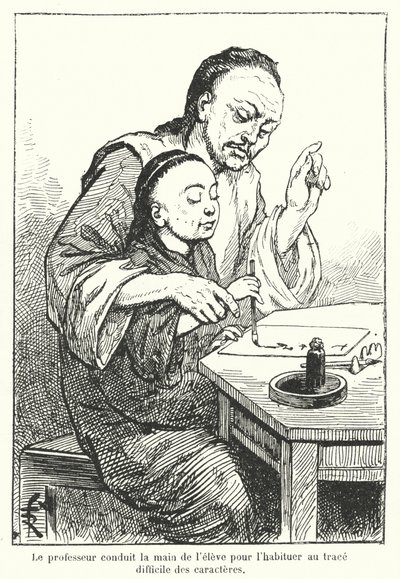 Teacher guiding the hand of a student learning to write Chinese characters by French School