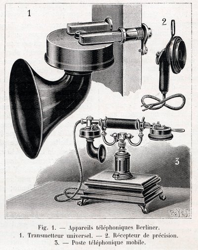 Telephonic apparatus - Berliner System - engraving in La Nature from 1902 by French School
