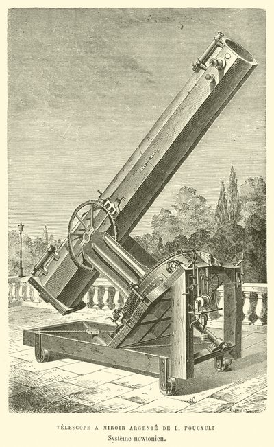 Silvered Mirror Telescope by L. Foucault, Newtonian System (engraving) by French School