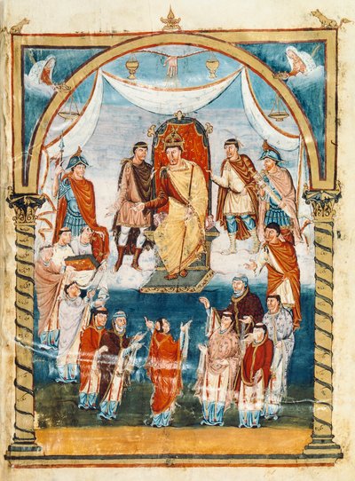 The Abbot Vivian surrounded by monks of St Martin of Tours presenting the book to Charles II the Bald, 9th century by French School