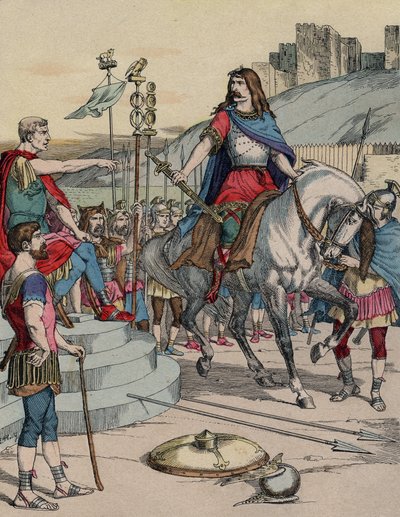 The Gallic chief Vercingetorix surrendering to the Roman chief Julius Caesar after the battle of Alesia in 52 BC by French School