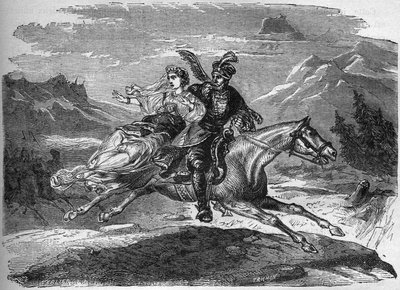 The Polish legend of Princess Heligonde and Count of Tyniec Walgerz. The two lovers in love flee to Poland. Engraving in 