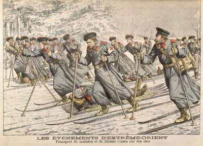The Red Cross Transporting Injured Russians on Skis during the Russo-Japanese War (1904-05) from Le Petit Journal, c.1904 by French School