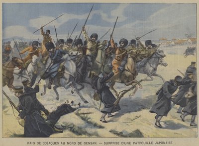 The Russo-Japanese War: Cossacks surprising a Japanese patrol in a raid north of Gensan, Korea by French School