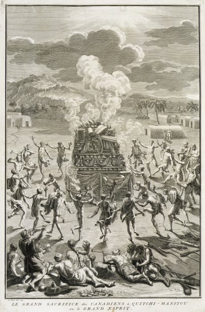 The Sacrifice to Quitchi-Manitou, or The Great Spirit, by the Canadians, Illustration from Religious Ceremonies and Customs, Engraved by Bernard Picart by French School