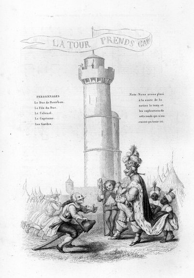 The Tower is careful. A colonel with a gun comes down to the king, followed by pages. Engraving in Chants et chansons populaire de la France, Tome 2 by French School