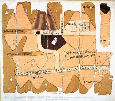 The Turin Papyrus, reproduction of an ancient Egyptian map of gold mines based on an original papyrus of c.1300 BC conserved in the Museo Egizio in Turin by French School