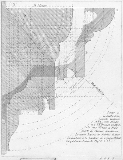 The Tuscan cornice, illustration from a book on geometry, published Avec Privilege du Roy et E.. du Gouvernement by French School