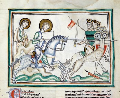The battle with the dragon has seven heads: knights fight a dragon with several heads, with spears, embodying the seven kings (from The Apocalypse of Cambrai) by French School