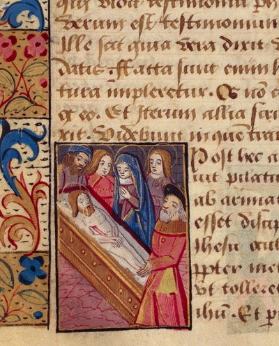 The deposition of Christ in the tomb, miniature from the Book of Hours (Use of Poitiers), Latin and French manuscript illustrated by student of Robinet Testard, France end of 15th Century by French School
