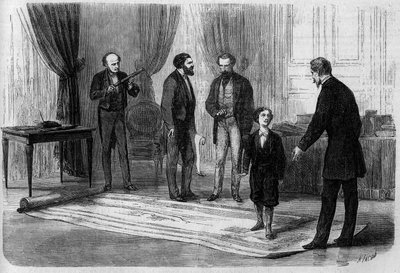 The engineer Boutet presented his plan for a railway bridge between France and England to Emperor Napoleon III (1808-1873), in the presence of his son Prince Imperial (1856-1879) by French School
