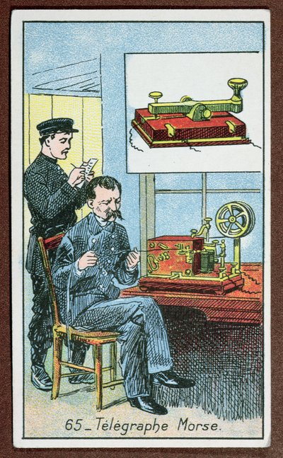 The invention of telegraphy with Morse code, number 65 in a series of cards depicting great inventions, c.1910 by French School