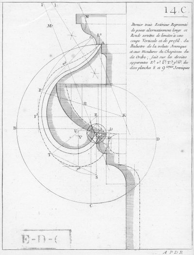 The ionic capital, illustration from a book on geometry, published Avec Privilege du Roy et E.. du Gouvernement by French School