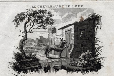 The Kid and the Wolf. Fable of Aesop. Written by Guillaume Montfort and engraved by Beauble in 1801 by French School