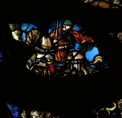 The west rose window depicting a scene from the Book of Revelation: A man on another horse with a sword to take peace from the earth by French School