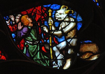 The west rose window depicting a scene from the Book of Revelation: Lamb on Mount Sion with two of the 144,000, redeemed by French School