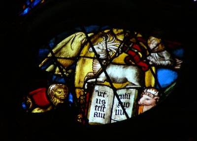 The West Rose Window Depicting a Scene from the Book of Revelation: Lamb with Seven Horns and Seven Eyes Opens the Book, Note the Four Evangelists Symbols by French School