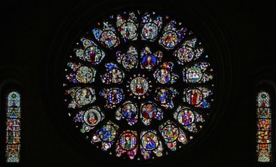 The west rose window with fragmentary fifteenth and sixteenth panels mostly depicting saints (rose window - internal) by French School