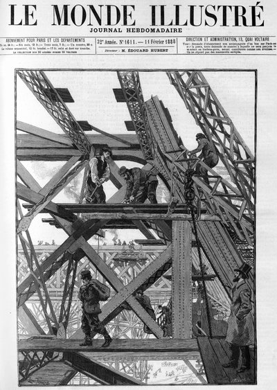 The works of the Eiffel Tower for the world exhibition of 1889, the workers are fifty meters above the ground. In 