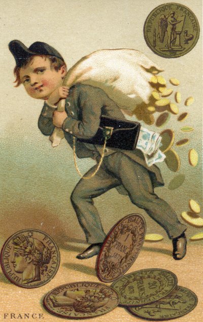 Thief escaping with a sack of French francs and banknotes, from a series of promotional cards on currencies in different countries, published in Paris by Baster & Vieillemard for use by the chocolate producer, Chocolat Ibled by French School