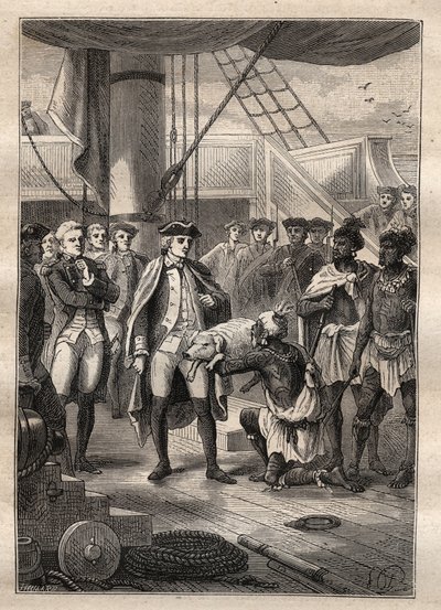 Third voyage of James Cook - They gave him a little pig. Illustration from 